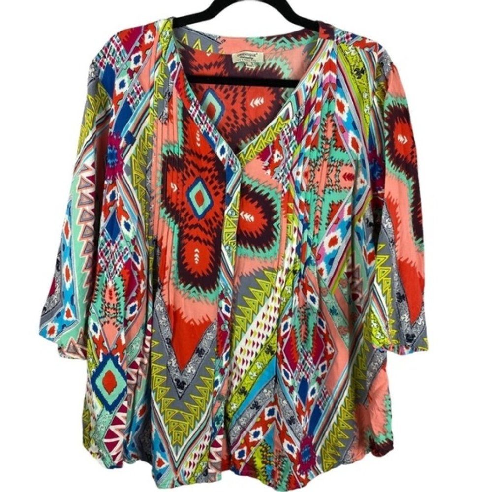 ORIENTIQUE Naturally Australian Multi Coloured Aztec Button Down